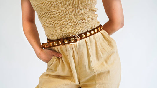 Camel Suede Belt with Wide Studs