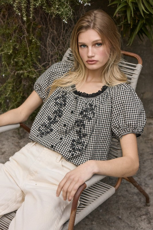 Linda Embroidered Gingham Top
