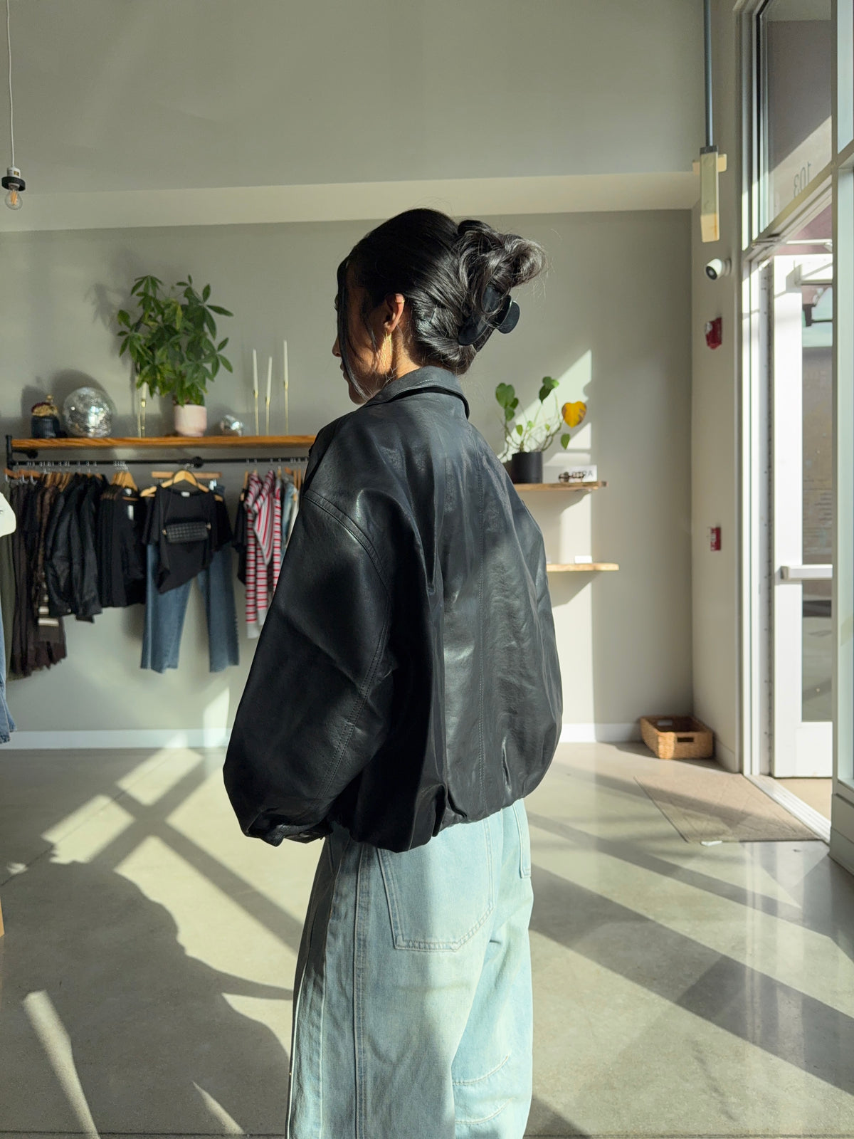 Heather Black Leather Bomber Jacket