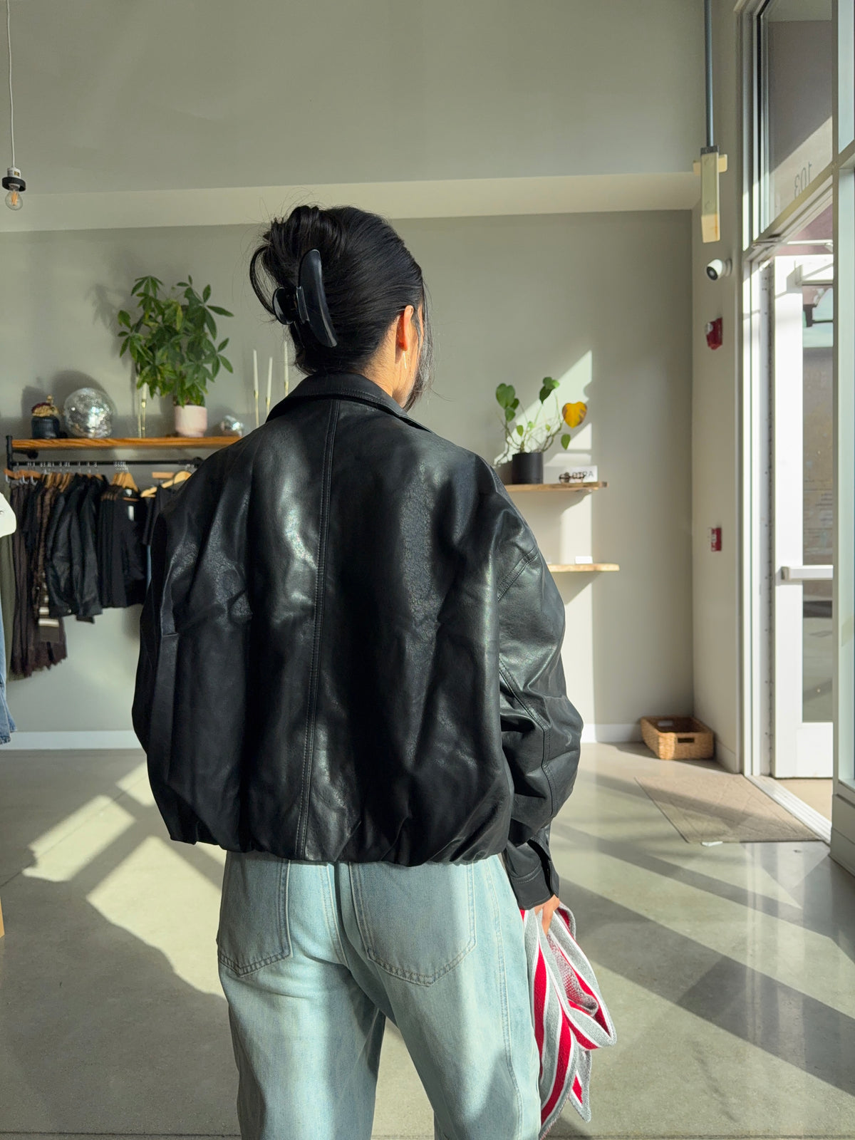 Heather Black Leather Bomber Jacket