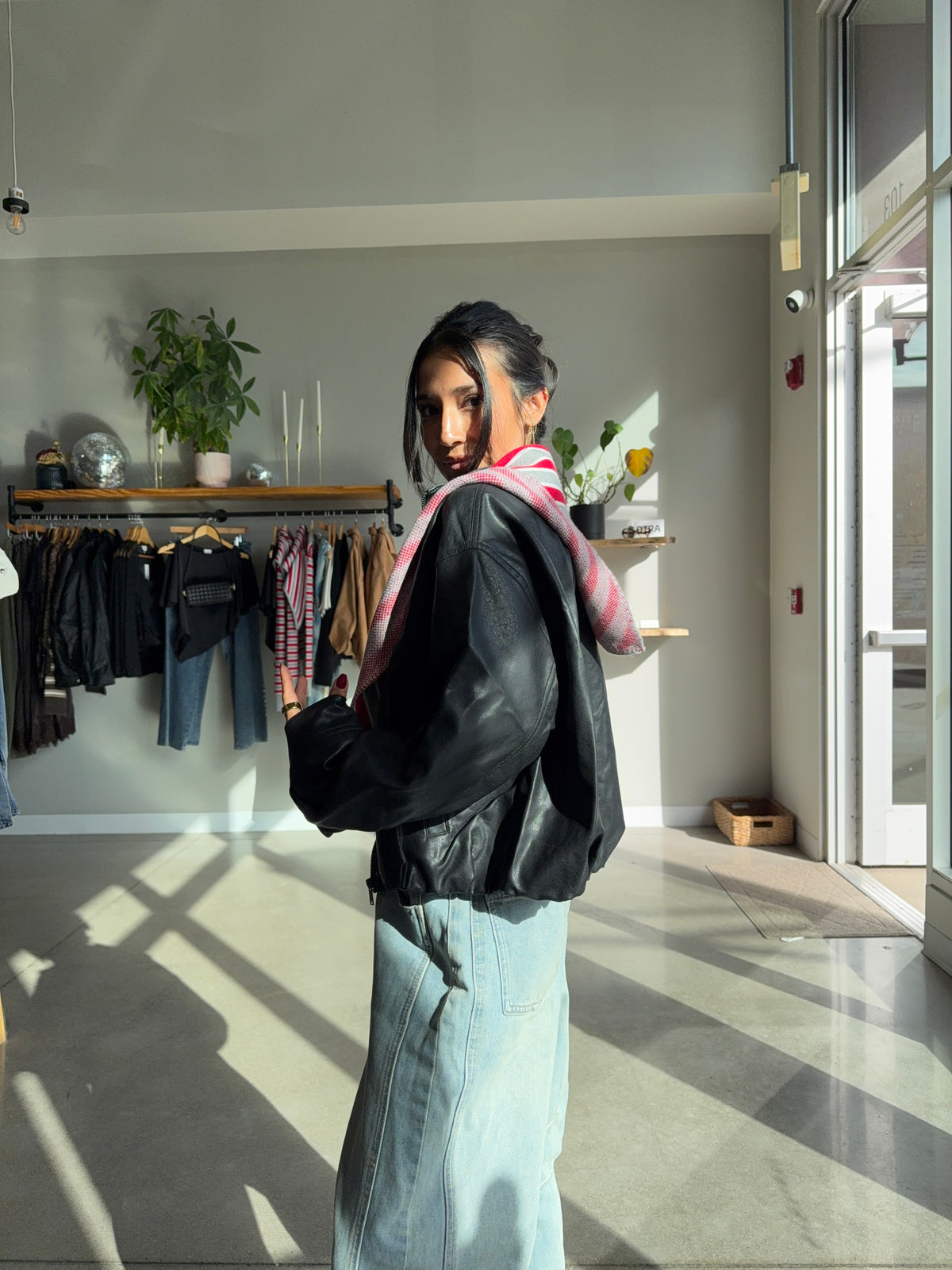 Heather Black Leather Bomber Jacket