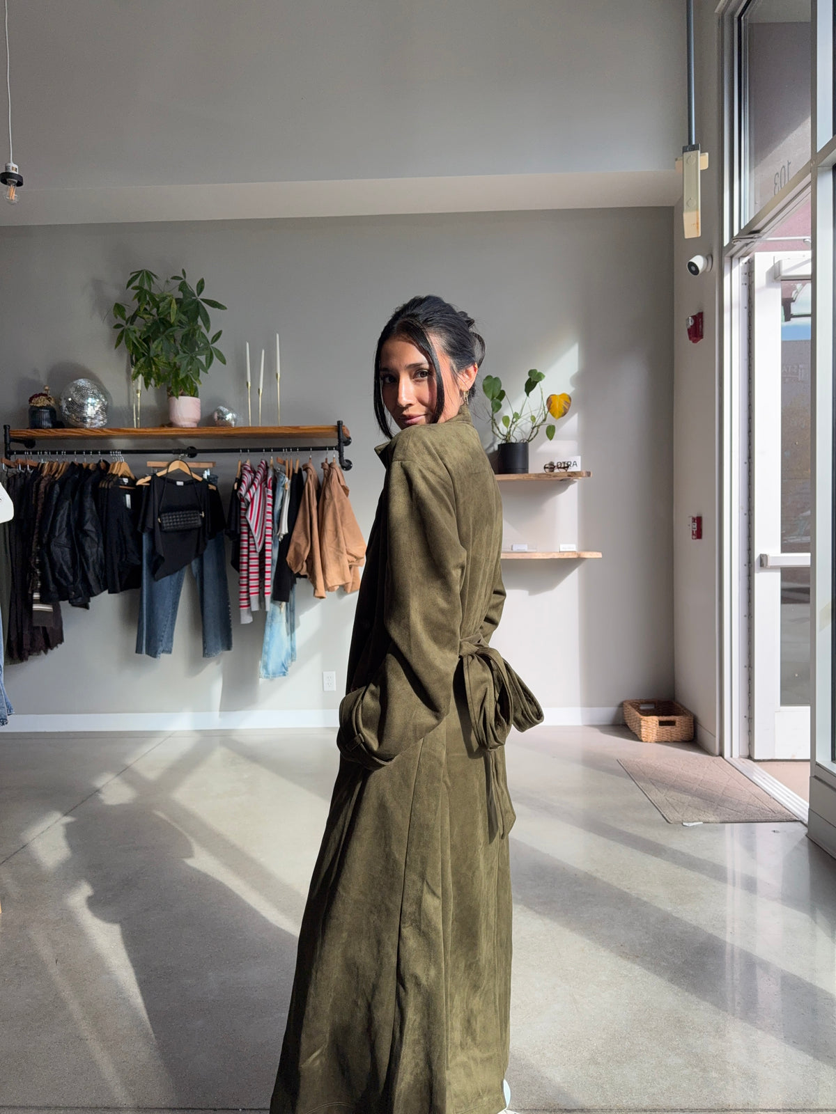 Olive Maxi Suede Trench