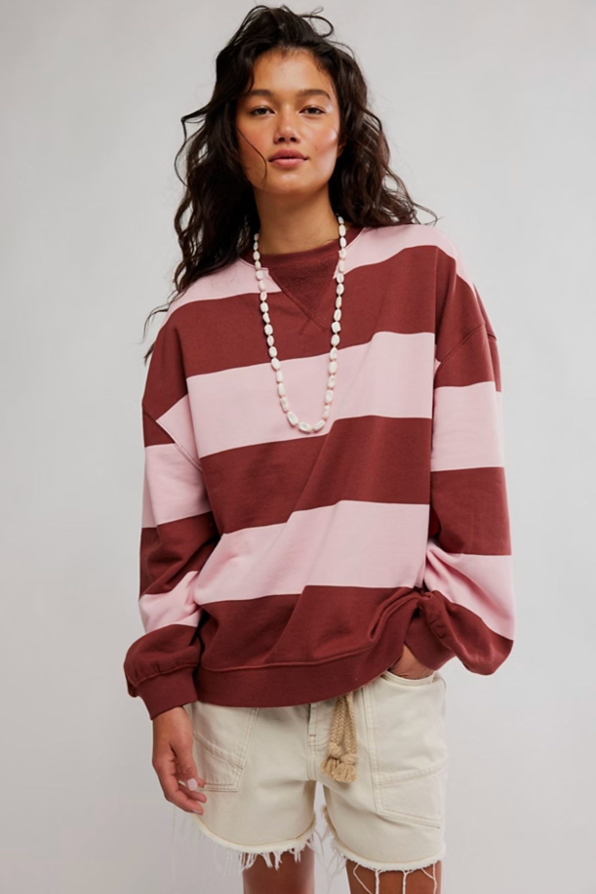 Classic Striped Oversized Crewneck in Strawberry Wine