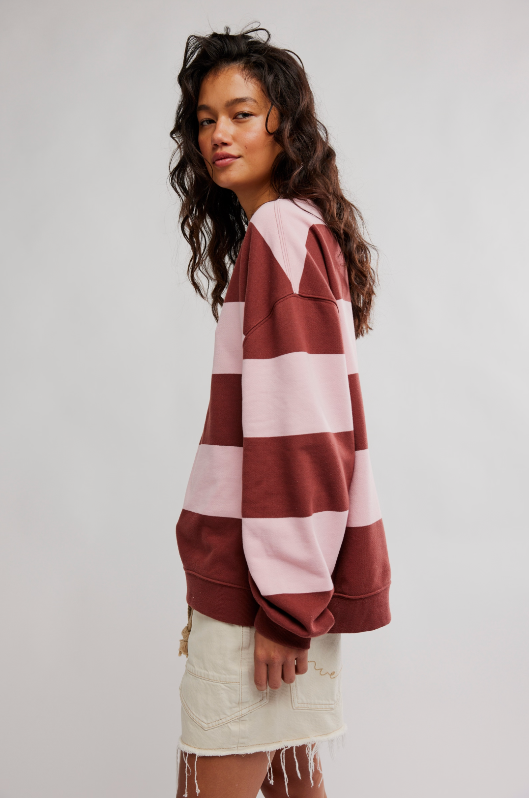 Classic Striped Oversized Crewneck in Strawberry Wine