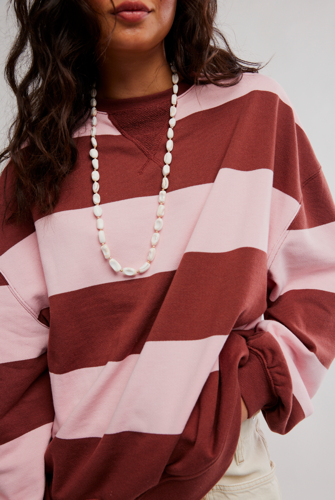 Classic Striped Oversized Crewneck in Strawberry Wine