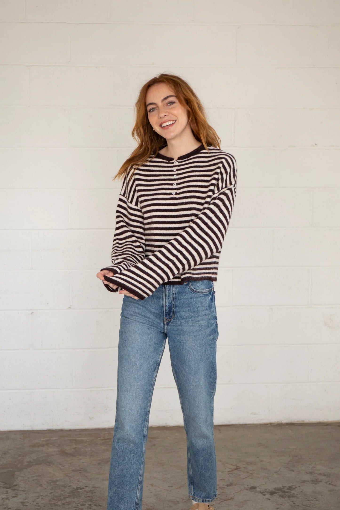 Piper Henley Pullover in Dark Wine Stripe