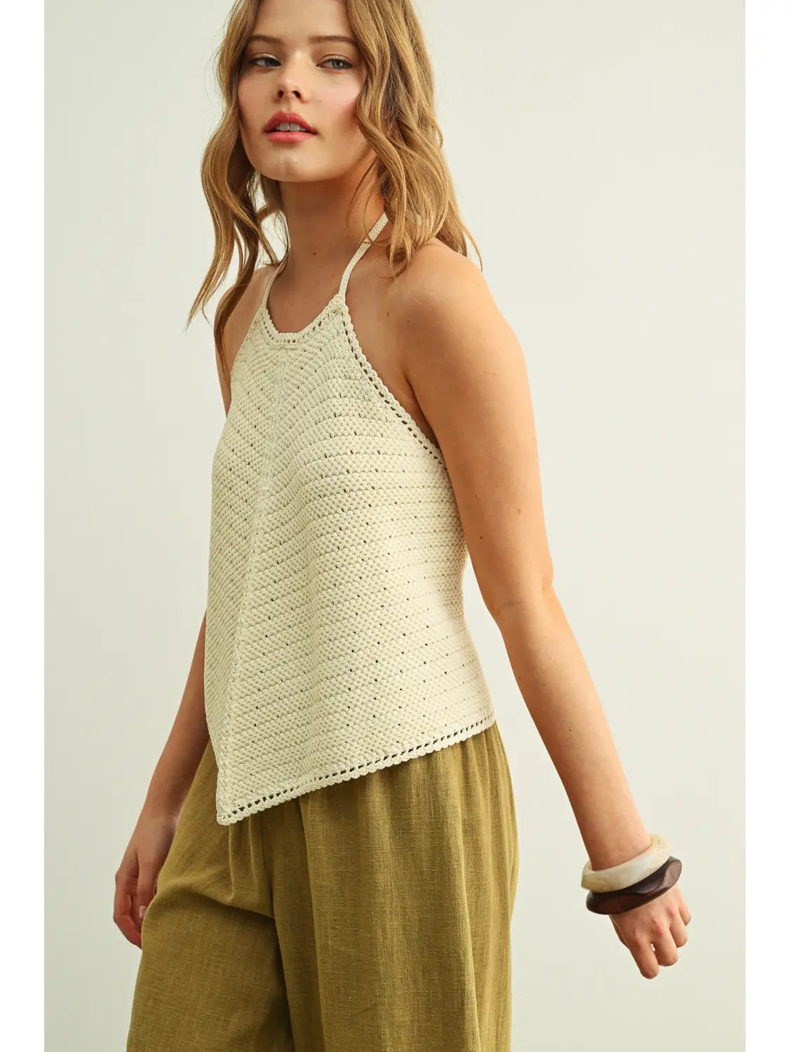 Crochet Knit Halter Top in Cream