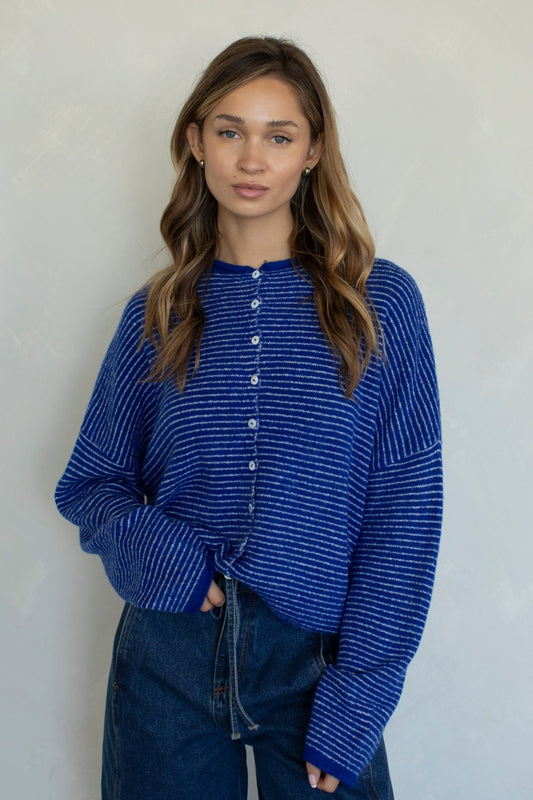 Pinstripe Piper Cardigan in Royal Pinstripe