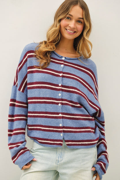 Varsity Stripe Piper Cardigan in Dusty Blue