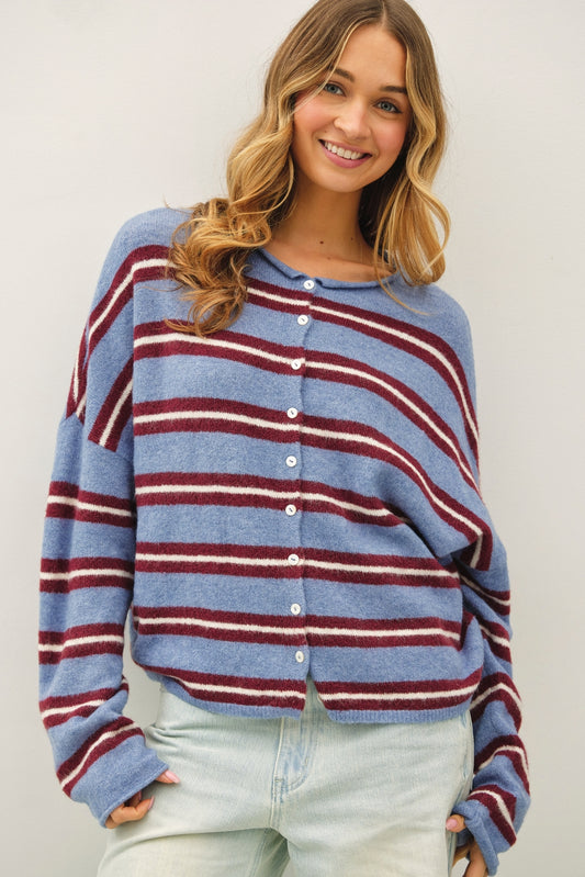 Varsity Stripe Piper Cardigan in Dusty Blue