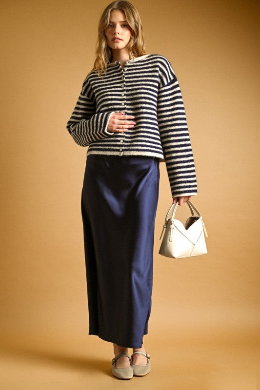 Katie Navy Satin Maxi Skirt