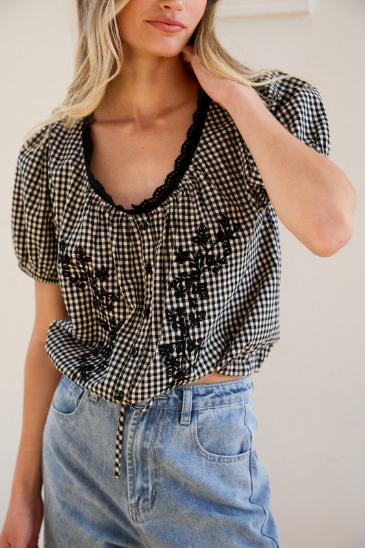 Linda Embroidered Gingham Top