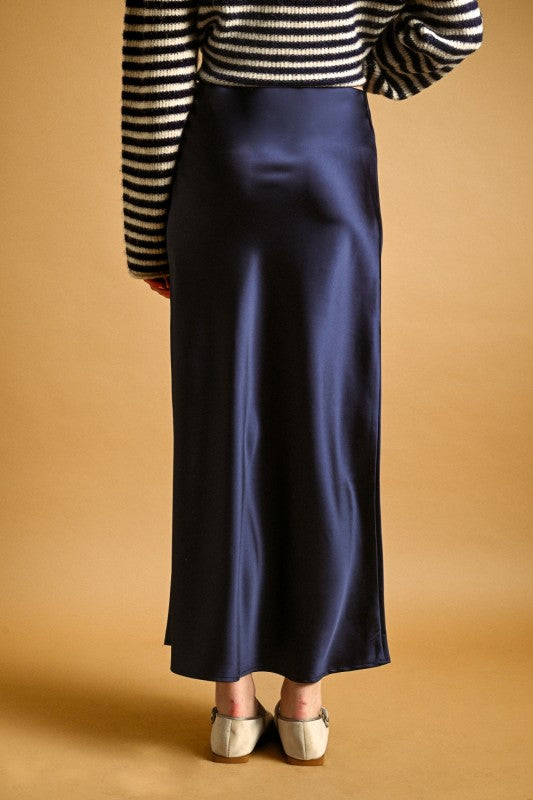 Katie Navy Satin Maxi Skirt