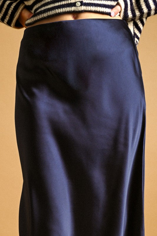 Katie Navy Satin Maxi Skirt