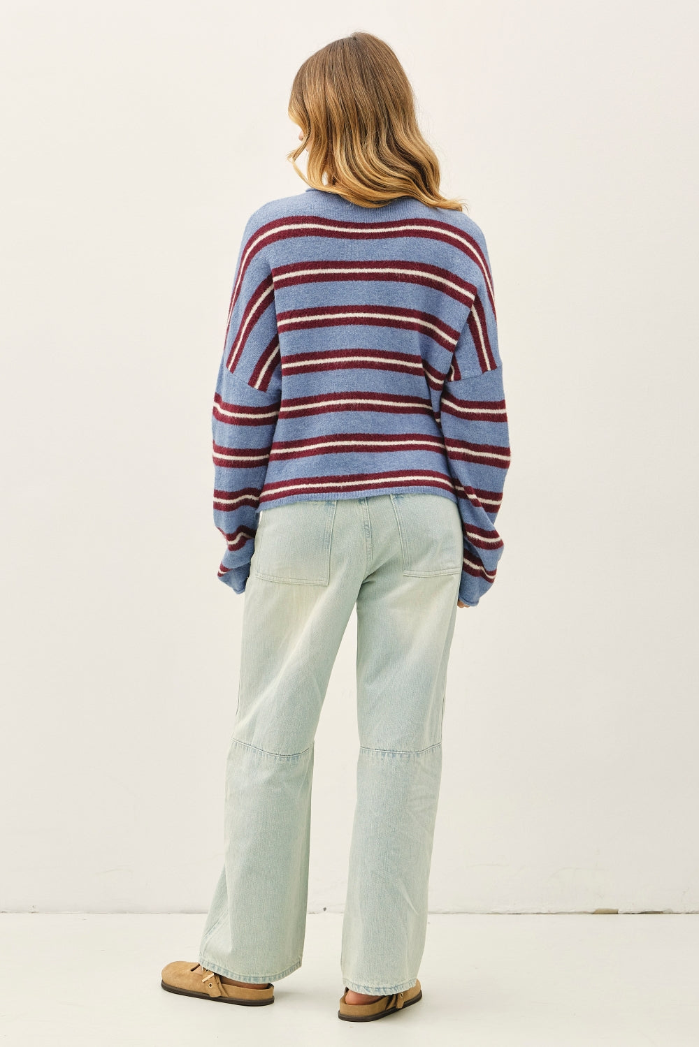 Varsity Stripe Piper Cardigan in Dusty Blue